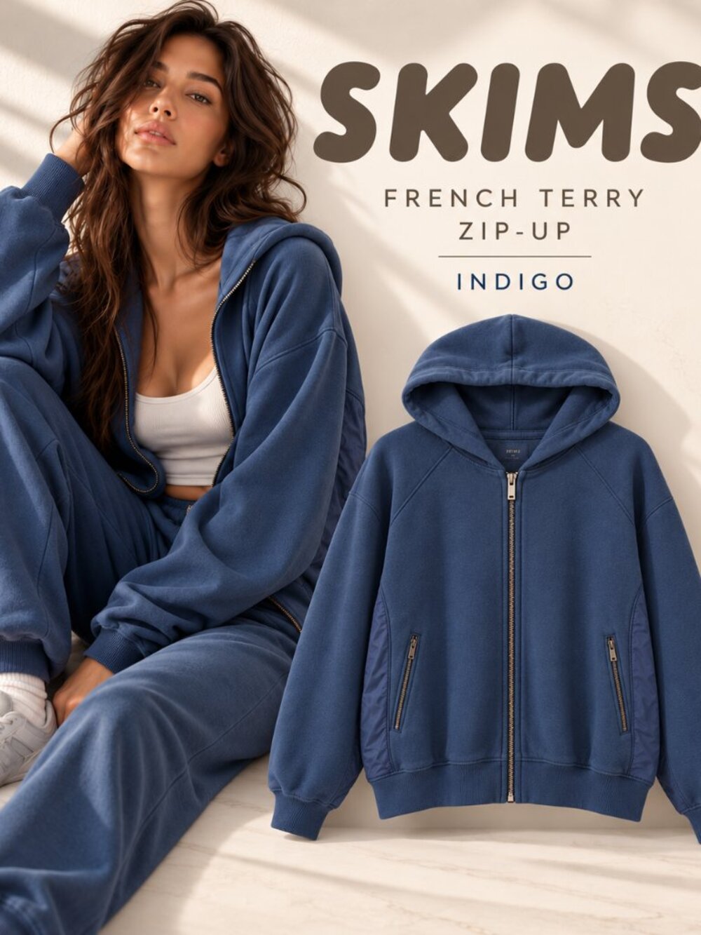 SKIMS French Terry Deconstructed Zip-Up Hoodie – Indigo – XXS – Relaxed Fit –NWT